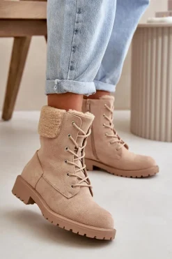 Sale Boto Damskie Ocieplane Botki Workery Na Zamek Beżowe Mivael Beżowy