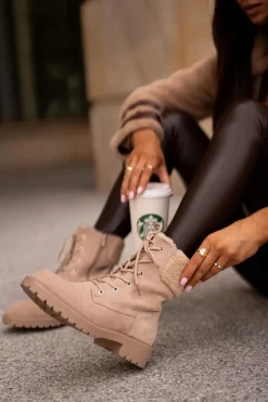 Sale Boto Damskie Ocieplane Botki Workery Na Zamek Beżowe Mivael Beżowy