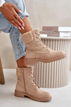 Sale Boto Damskie Ocieplane Botki Workery Na Zamek Beżowe Mivael Beżowy