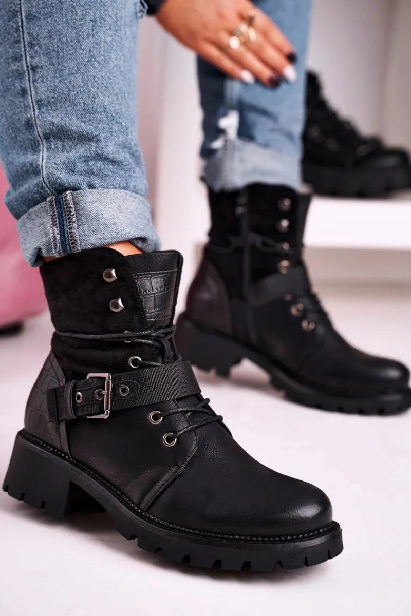Online Damskie Ocieplane Botki Workery Czarne Strong Damskie Damskie Trapery|Botki Sznurowane