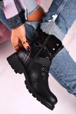 Online Damskie Ocieplane Botki Workery Czarne Strong Damskie Damskie Trapery|Botki Sznurowane