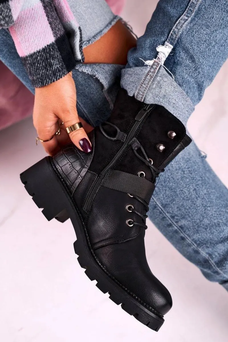 Online Damskie Ocieplane Botki Workery Czarne Strong Damskie Damskie Trapery|Botki Sznurowane