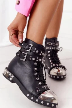 Best Boto Damskie Ocieplane Botki Workery Z Dżetami Czarne Lu Boo