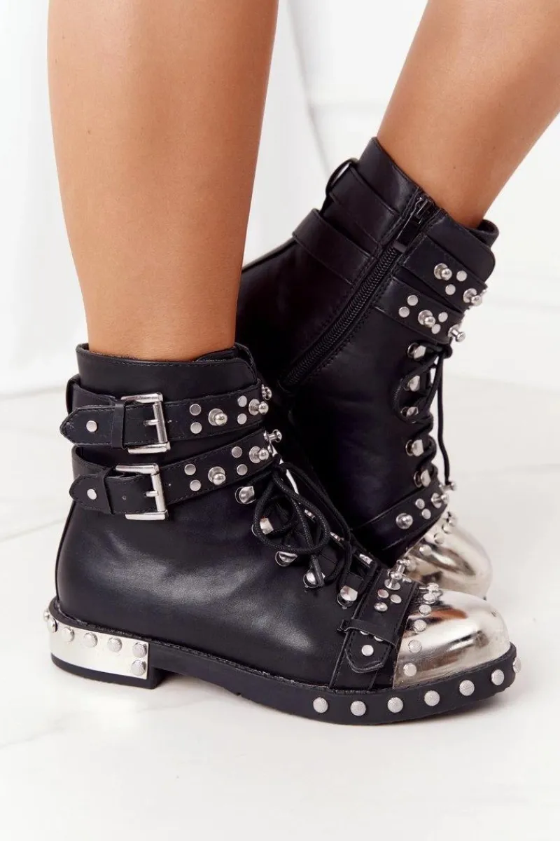 Best Boto Damskie Ocieplane Botki Workery Z Dżetami Czarne Lu Boo