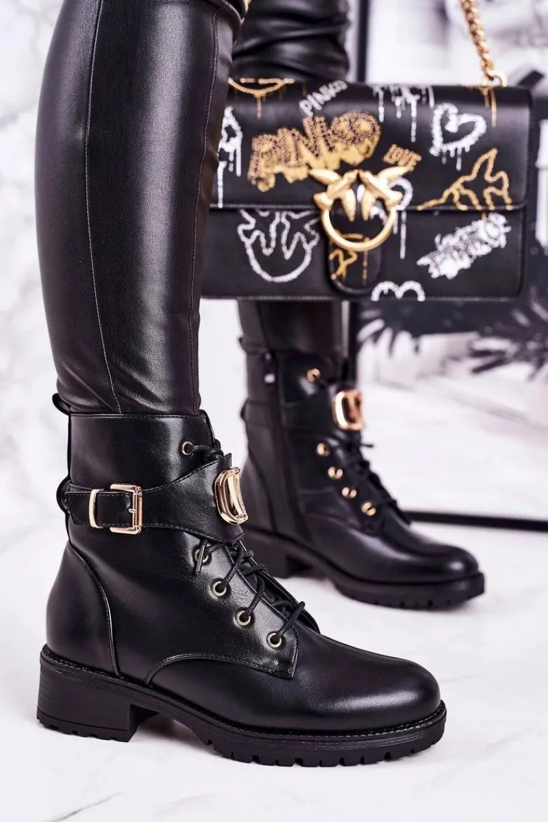 Botki Sznurowane|Czarne Botki>Boto Damskie Ocieplane Botki Workery Złota Klamra Czarne Vera