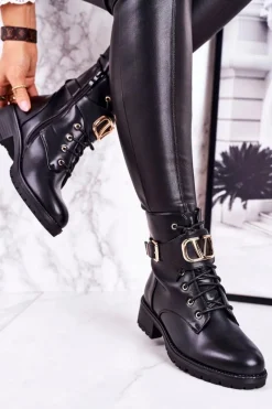 Botki Sznurowane|Czarne Botki>Boto Damskie Ocieplane Botki Workery Złota Klamra Czarne Vera