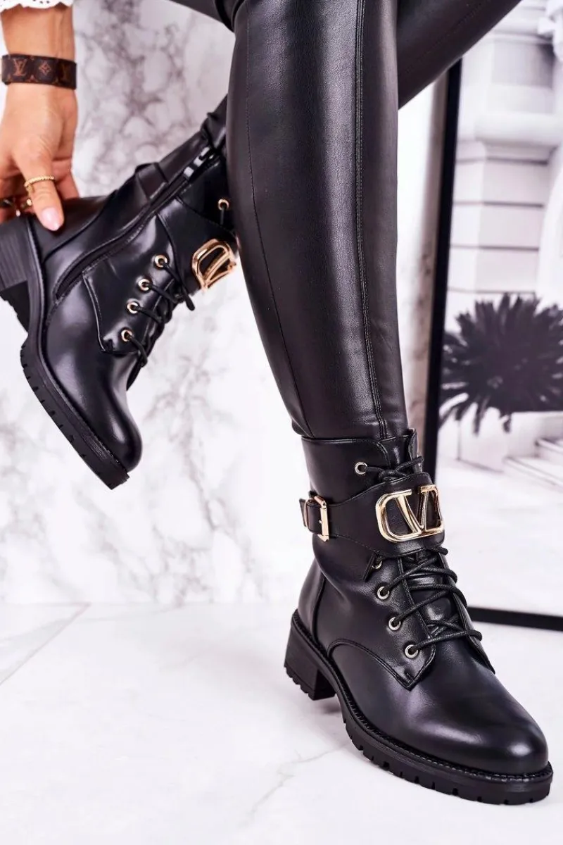 Botki Sznurowane|Czarne Botki>Boto Damskie Ocieplane Botki Workery Złota Klamra Czarne Vera