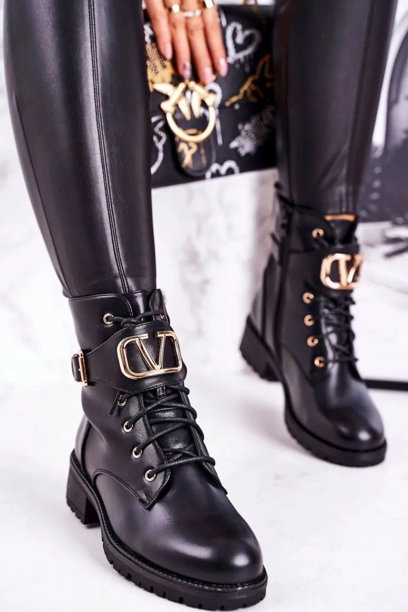 Botki Sznurowane|Czarne Botki>Boto Damskie Ocieplane Botki Workery Złota Klamra Czarne Vera