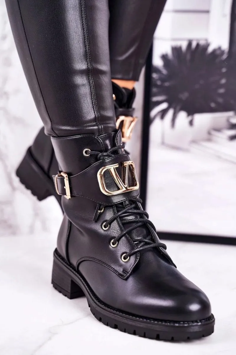 Botki Sznurowane|Czarne Botki>Boto Damskie Ocieplane Botki Workery Złota Klamra Czarne Vera