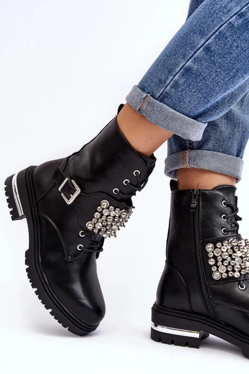 Botki Wiosenne|Botki Ocieplane>Boto Damskie Ocieplane Botki Workery Zdobione Czarne Lennen