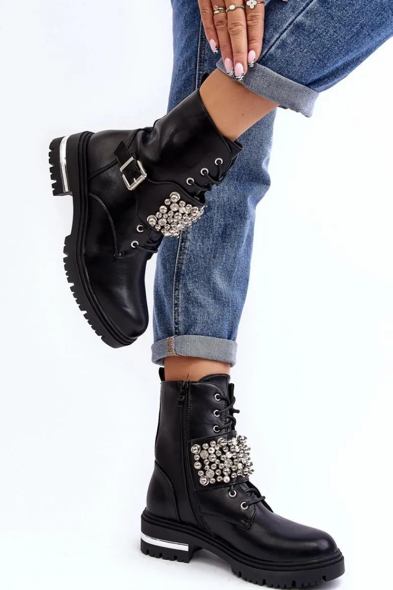 Botki Wiosenne|Botki Ocieplane>Boto Damskie Ocieplane Botki Workery Zdobione Czarne Lennen