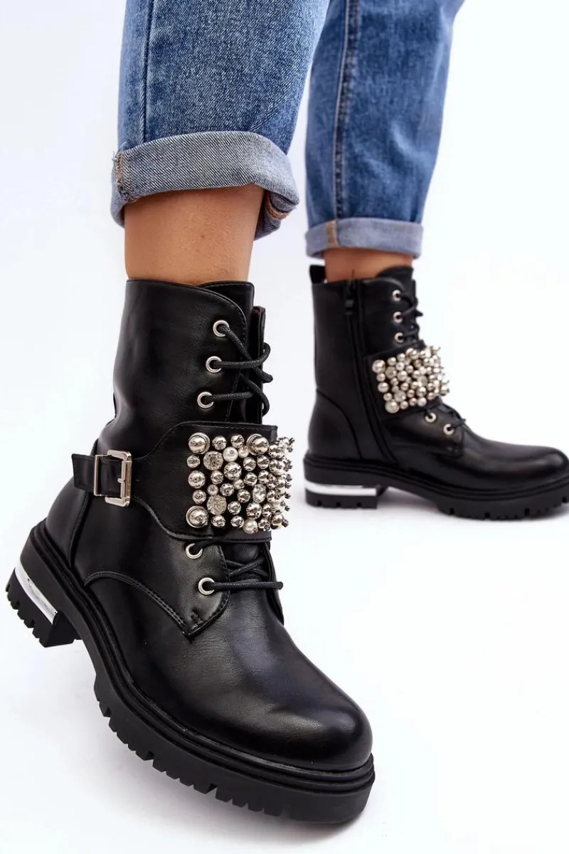 Botki Wiosenne|Botki Ocieplane>Boto Damskie Ocieplane Botki Workery Zdobione Czarne Lennen