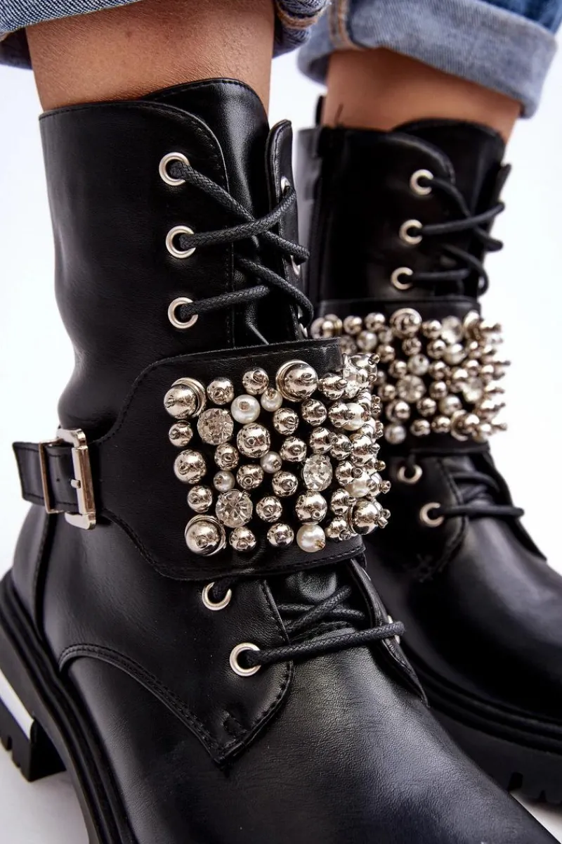 Botki Wiosenne|Botki Ocieplane>Boto Damskie Ocieplane Botki Workery Zdobione Czarne Lennen