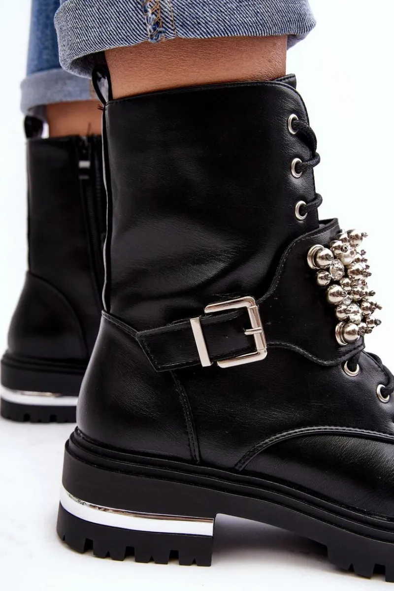 Botki Wiosenne|Botki Ocieplane>Boto Damskie Ocieplane Botki Workery Zdobione Czarne Lennen