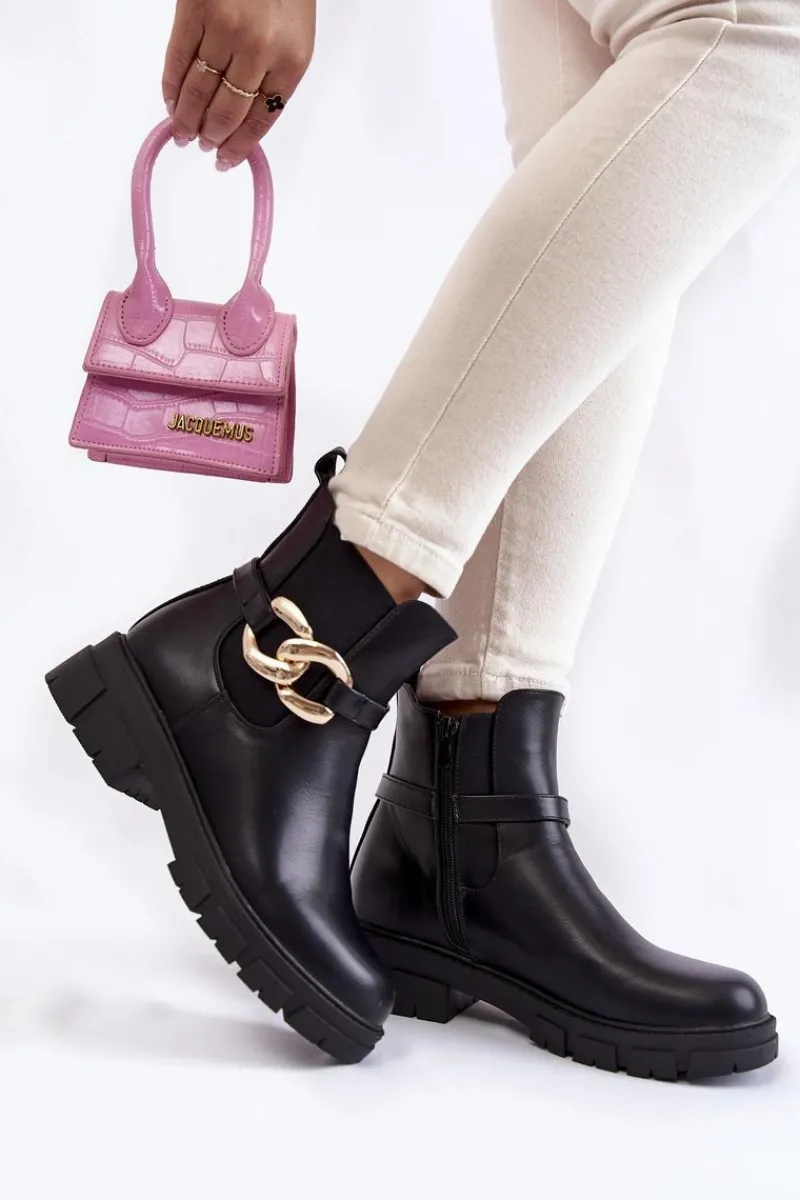 Sale Damskie Ocieplane Botki Workery Z Ozdobą Czarne Ruth Damskie Czarne Botki|Botki Zimowe Damskie