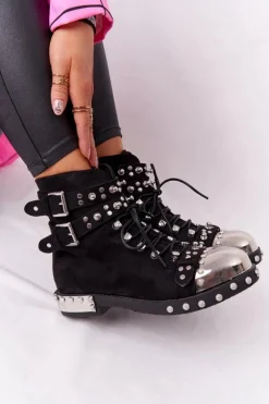 Hot Boto Damskie Ocieplane Botki Workery Z Dżetami Zamszowe Czarne Lu Boo