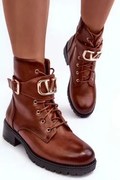 Botki Sznurowane|Brązowe I Beżowe Botki>Boto Damskie Ocieplane Botki Workery Złota Klamra Brązowe Vera