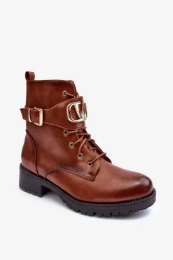 Botki Sznurowane|Brązowe I Beżowe Botki>Boto Damskie Ocieplane Botki Workery Złota Klamra Brązowe Vera