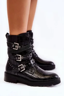 Clearance Damskie Ocieplane Botki Z Paskami Wężowe Czarne Lamberta Damskie Botki Sznurowane|Czarne Botki