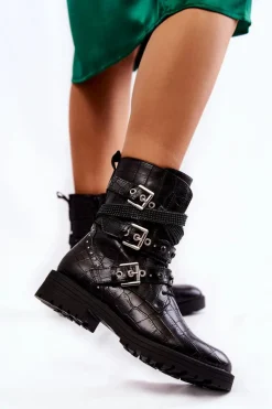Clearance Damskie Ocieplane Botki Z Paskami Wężowe Czarne Lamberta Damskie Botki Sznurowane|Czarne Botki