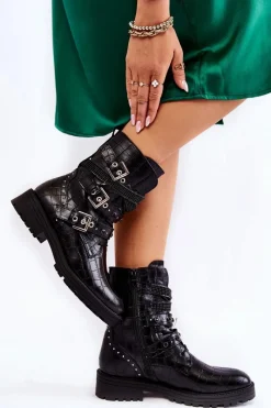 Clearance Damskie Ocieplane Botki Z Paskami Wężowe Czarne Lamberta Damskie Botki Sznurowane|Czarne Botki