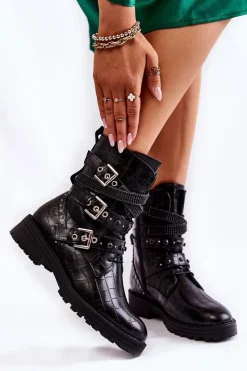 Clearance Damskie Ocieplane Botki Z Paskami Wężowe Czarne Lamberta Damskie Botki Sznurowane|Czarne Botki