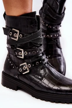 Clearance Damskie Ocieplane Botki Z Paskami Wężowe Czarne Lamberta Damskie Botki Sznurowane|Czarne Botki