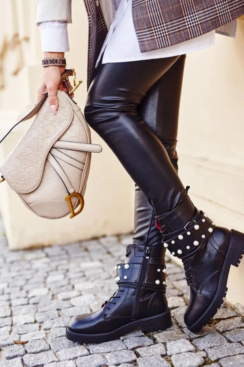 Online Boto Damskie Ocieplane Botki z Perełkami Czarne Mishigan