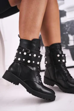 Online Boto Damskie Ocieplane Botki z Perełkami Czarne Mishigan