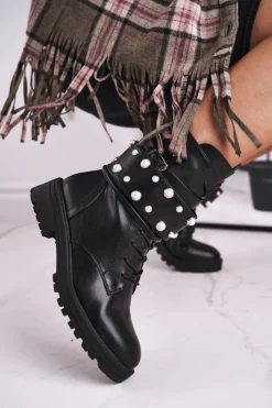Online Boto Damskie Ocieplane Botki z Perełkami Czarne Mishigan