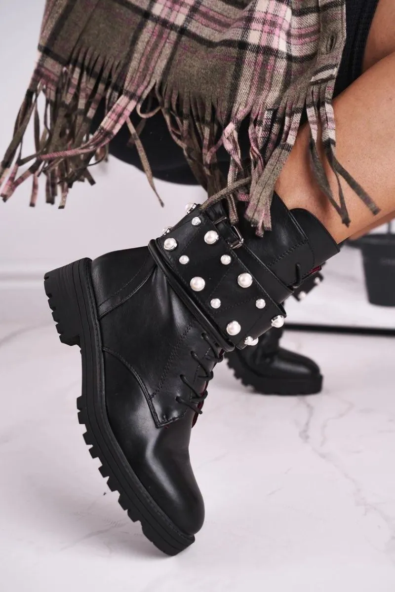 Online Boto Damskie Ocieplane Botki z Perełkami Czarne Mishigan