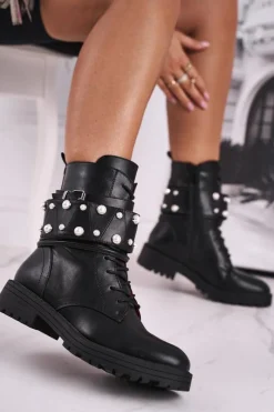 Online Boto Damskie Ocieplane Botki z Perełkami Czarne Mishigan