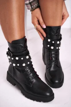 Online Boto Damskie Ocieplane Botki z Perełkami Czarne Mishigan