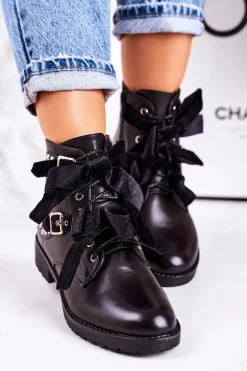 Clearance Damskie Ocieplane Botki Z Klamrami I Wstążką Czarne Special Damskie Botki Sznurowane|Czarne Botki