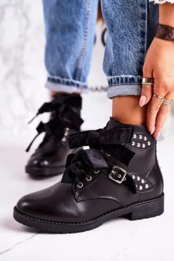 Clearance Damskie Ocieplane Botki Z Klamrami I Wstążką Czarne Special Damskie Botki Sznurowane|Czarne Botki