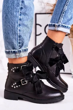 Clearance Damskie Ocieplane Botki Z Klamrami I Wstążką Czarne Special Damskie Botki Sznurowane|Czarne Botki