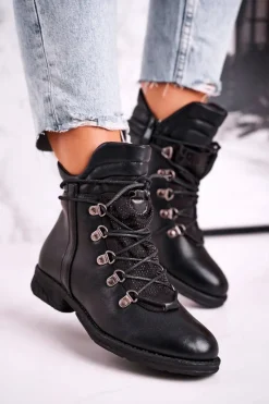 Botki Sznurowane|Czarne Botki>Boto Damskie Ocieplane Botki z Cyrkoniami Czarne Gisele