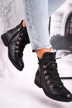 Botki Sznurowane|Czarne Botki>Boto Damskie Ocieplane Botki z Cyrkoniami Czarne Gisele