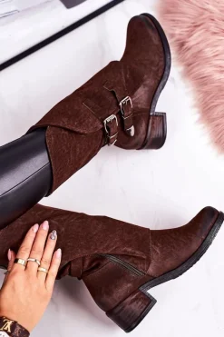 Czarne Botki|Botki Zimowe Damskie>Boto Damskie Ocieplane Botki Z Klamrami Brązowe Cassidy