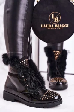 Clearance Boto Damskie Ocieplane Botki Z Dżetami I Futerkiem Lakierowane Glam