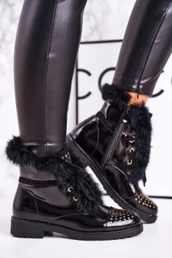 Clearance Boto Damskie Ocieplane Botki Z Dżetami I Futerkiem Lakierowane Glam