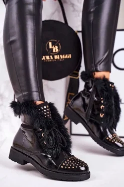 Clearance Boto Damskie Ocieplane Botki Z Dżetami I Futerkiem Lakierowane Glam