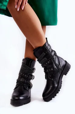 Online Boto Damskie Ocieplane Botki Z Paskami Gładkie Czarne Lamberta