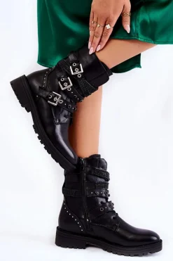 Online Boto Damskie Ocieplane Botki Z Paskami Gładkie Czarne Lamberta