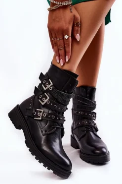 Online Boto Damskie Ocieplane Botki Z Paskami Gładkie Czarne Lamberta