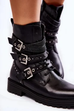 Online Boto Damskie Ocieplane Botki Z Paskami Gładkie Czarne Lamberta