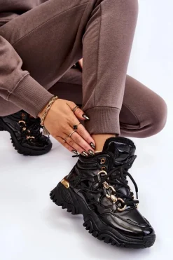 Discount Boto Damskie Ocieplane Buty Sportowe Trapery Sznurowane Czarne Bastini