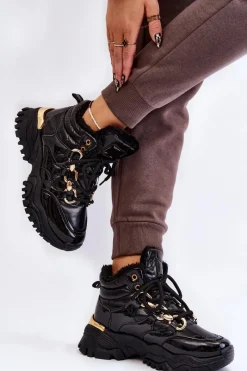 Discount Boto Damskie Ocieplane Buty Sportowe Trapery Sznurowane Czarne Bastini