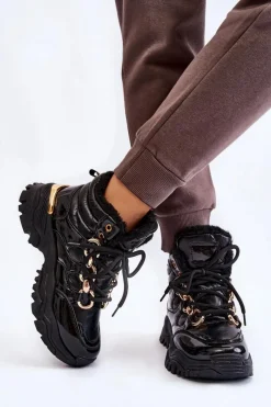 Discount Boto Damskie Ocieplane Buty Sportowe Trapery Sznurowane Czarne Bastini