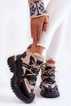 Outlet Damskie Ocieplane Buty Sportowe Trapery Czarno-Beżowe Edora Damskie Sneakersy Damskie|Damskie Trapery